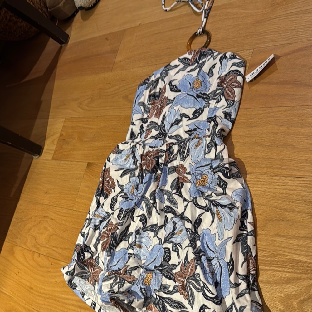 Floral Strapless Romper with Blue and Brown Accents